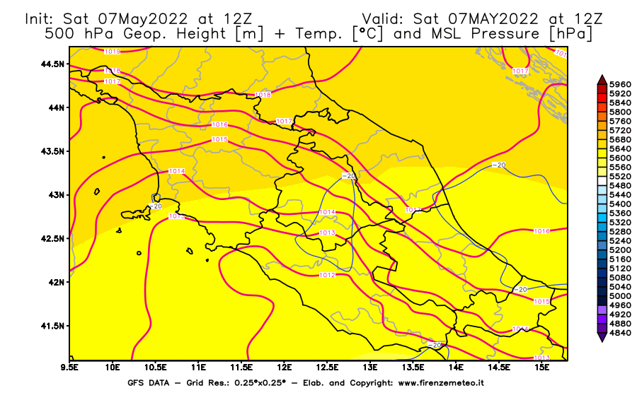Mappa di analisi GFS - Geopotenziale [m] + Temp. [°C] a 500 hPa + Press. a livello del mare [hPa] in Centro-Italia
									del 07/05/2022 12 <!--googleoff: index-->UTC<!--googleon: index-->