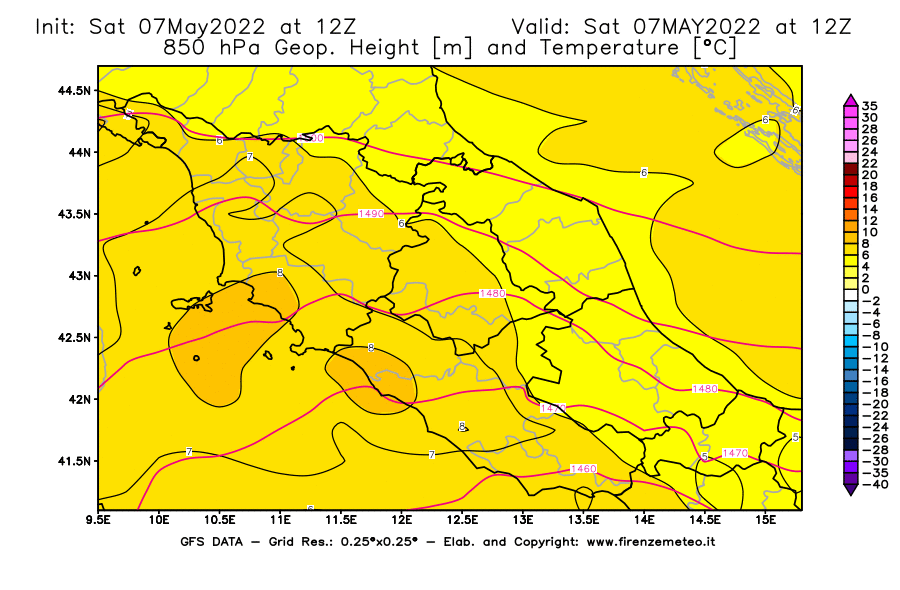 Mappa di analisi GFS - Geopotenziale [m] e Temperatura [°C] a 850 hPa in Centro-Italia
									del 07/05/2022 12 <!--googleoff: index-->UTC<!--googleon: index-->