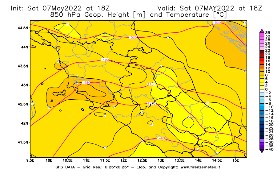 Mappa di analisi GFS - Geopotenziale [m] e Temperatura [°C] a 850 hPa in Centro-Italia
									del 07/05/2022 18 <!--googleoff: index-->UTC<!--googleon: index-->