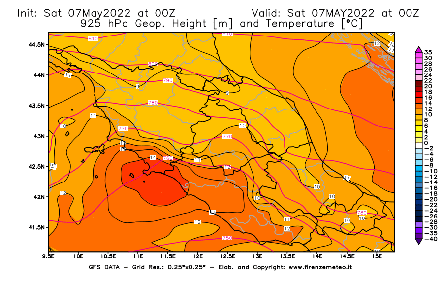 Mappa di analisi GFS - Geopotenziale [m] e Temperatura [°C] a 925 hPa in Centro-Italia
									del 07/05/2022 00 <!--googleoff: index-->UTC<!--googleon: index-->