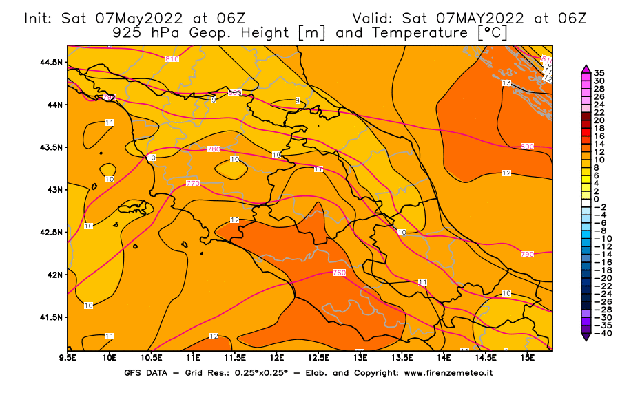 Mappa di analisi GFS - Geopotenziale [m] e Temperatura [°C] a 925 hPa in Centro-Italia
									del 07/05/2022 06 <!--googleoff: index-->UTC<!--googleon: index-->