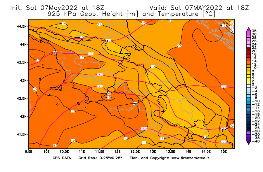 Mappa di analisi GFS - Geopotenziale [m] e Temperatura [°C] a 925 hPa in Centro-Italia
									del 07/05/2022 18 <!--googleoff: index-->UTC<!--googleon: index-->