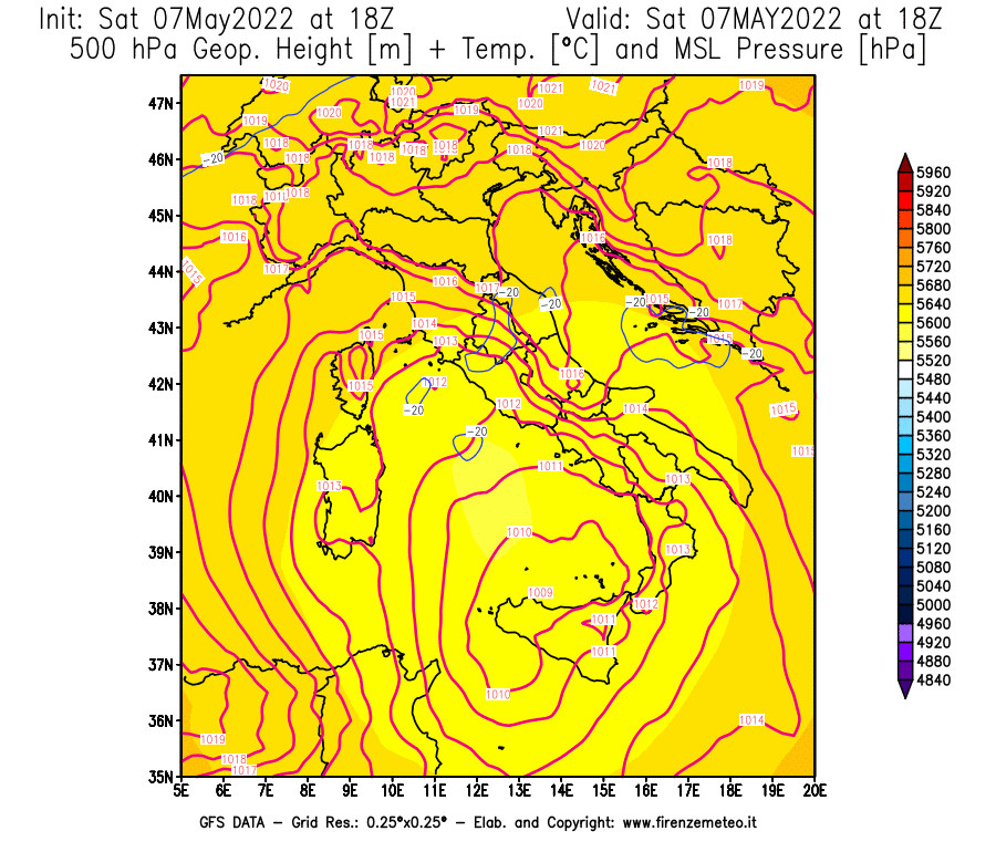 Mappa di analisi GFS - Geopotenziale [m] + Temp. [°C] a 500 hPa + Press. a livello del mare [hPa] in Italia
									del 07/05/2022 18 <!--googleoff: index-->UTC<!--googleon: index-->