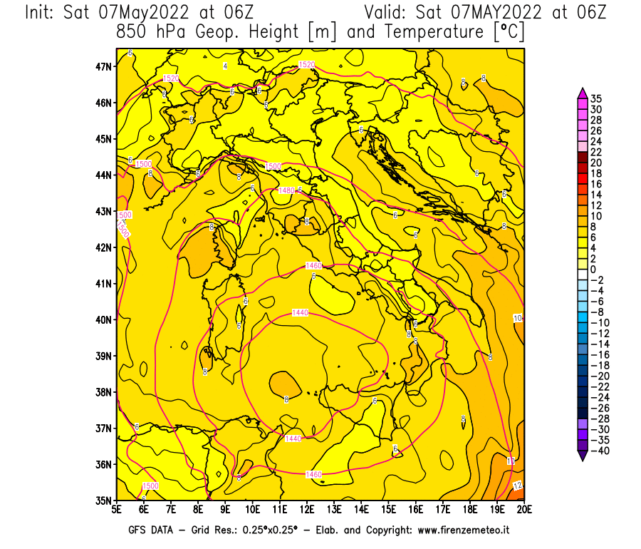Mappa di analisi GFS - Geopotenziale [m] e Temperatura [°C] a 850 hPa in Italia
									del 07/05/2022 06 <!--googleoff: index-->UTC<!--googleon: index-->