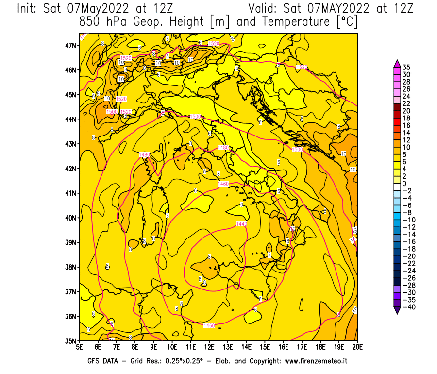 Mappa di analisi GFS - Geopotenziale [m] e Temperatura [°C] a 850 hPa in Italia
									del 07/05/2022 12 <!--googleoff: index-->UTC<!--googleon: index-->