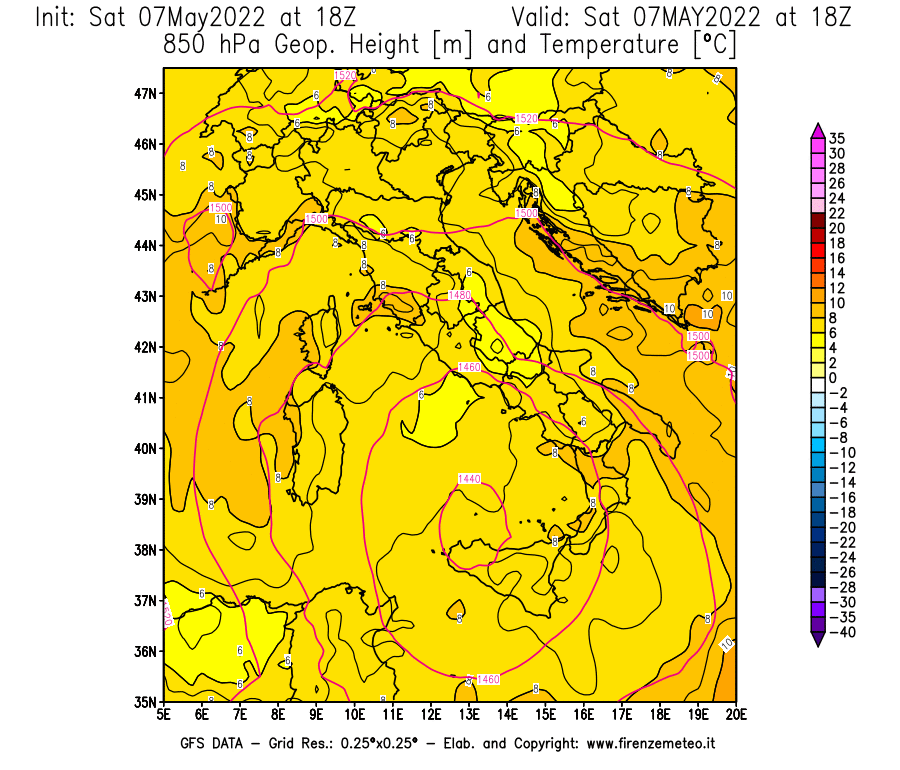 Mappa di analisi GFS - Geopotenziale [m] e Temperatura [°C] a 850 hPa in Italia
									del 07/05/2022 18 <!--googleoff: index-->UTC<!--googleon: index-->