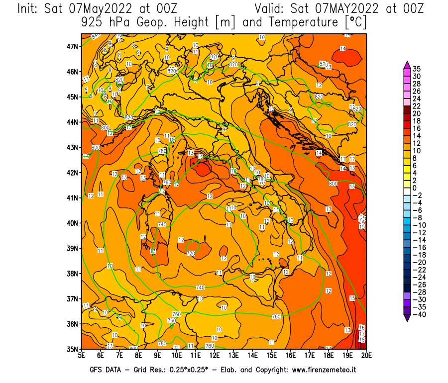 Mappa di analisi GFS - Geopotenziale [m] e Temperatura [°C] a 925 hPa in Italia
									del 07/05/2022 00 <!--googleoff: index-->UTC<!--googleon: index-->