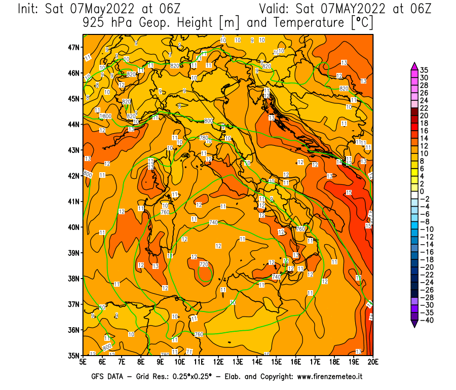 Mappa di analisi GFS - Geopotenziale [m] e Temperatura [°C] a 925 hPa in Italia
									del 07/05/2022 06 <!--googleoff: index-->UTC<!--googleon: index-->