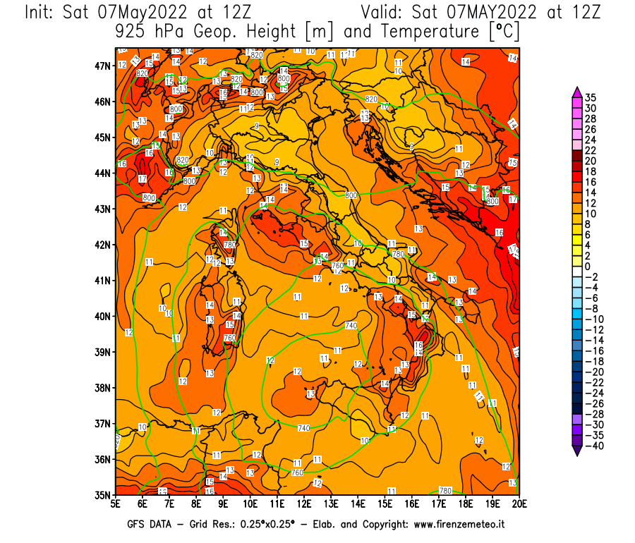 Mappa di analisi GFS - Geopotenziale [m] e Temperatura [°C] a 925 hPa in Italia
									del 07/05/2022 12 <!--googleoff: index-->UTC<!--googleon: index-->