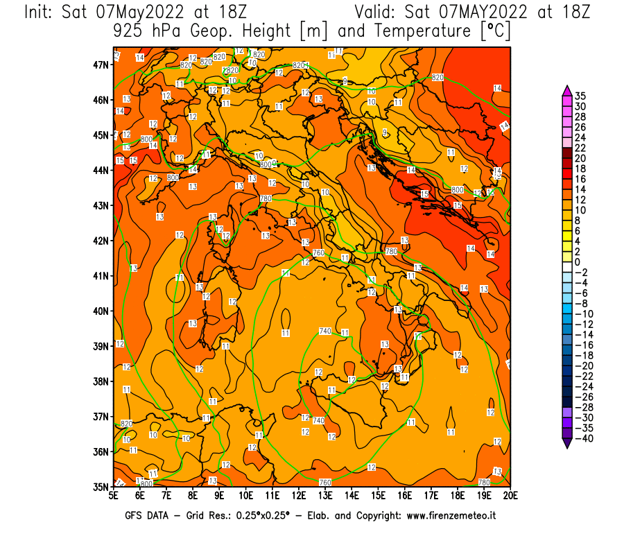Mappa di analisi GFS - Geopotenziale [m] e Temperatura [°C] a 925 hPa in Italia
									del 07/05/2022 18 <!--googleoff: index-->UTC<!--googleon: index-->