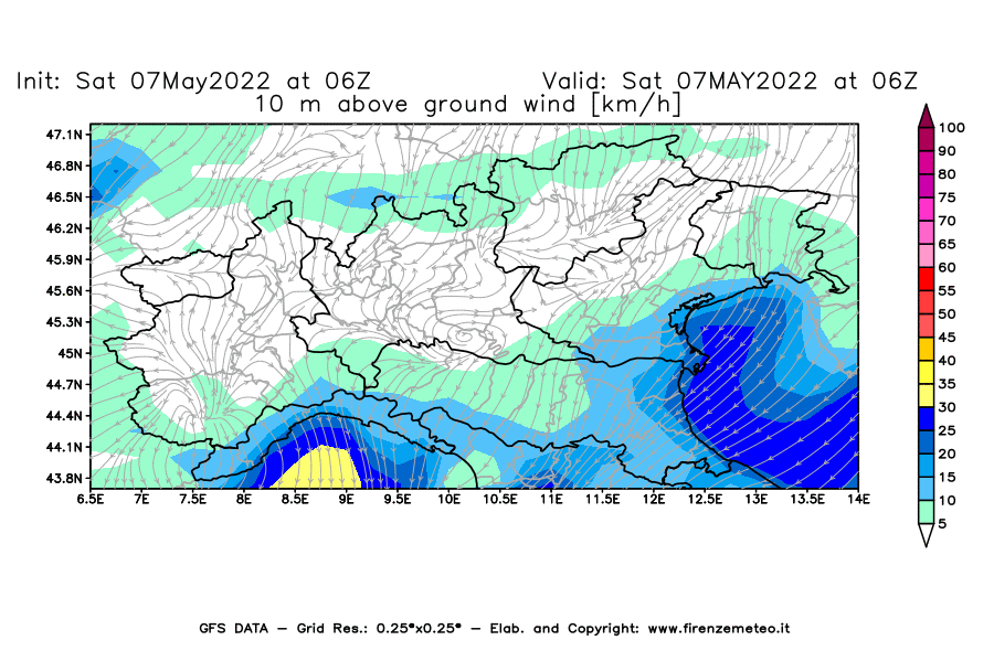Mappa di analisi GFS - Velocità del vento a 10 metri dal suolo [km/h] in Nord-Italia
									del 07/05/2022 06 <!--googleoff: index-->UTC<!--googleon: index-->