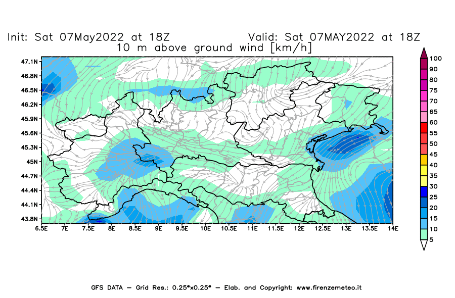 Mappa di analisi GFS - Velocità del vento a 10 metri dal suolo [km/h] in Nord-Italia
									del 07/05/2022 18 <!--googleoff: index-->UTC<!--googleon: index-->