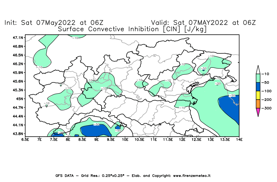 Mappa di analisi GFS - CIN [J/kg] in Nord-Italia
									del 07/05/2022 06 <!--googleoff: index-->UTC<!--googleon: index-->