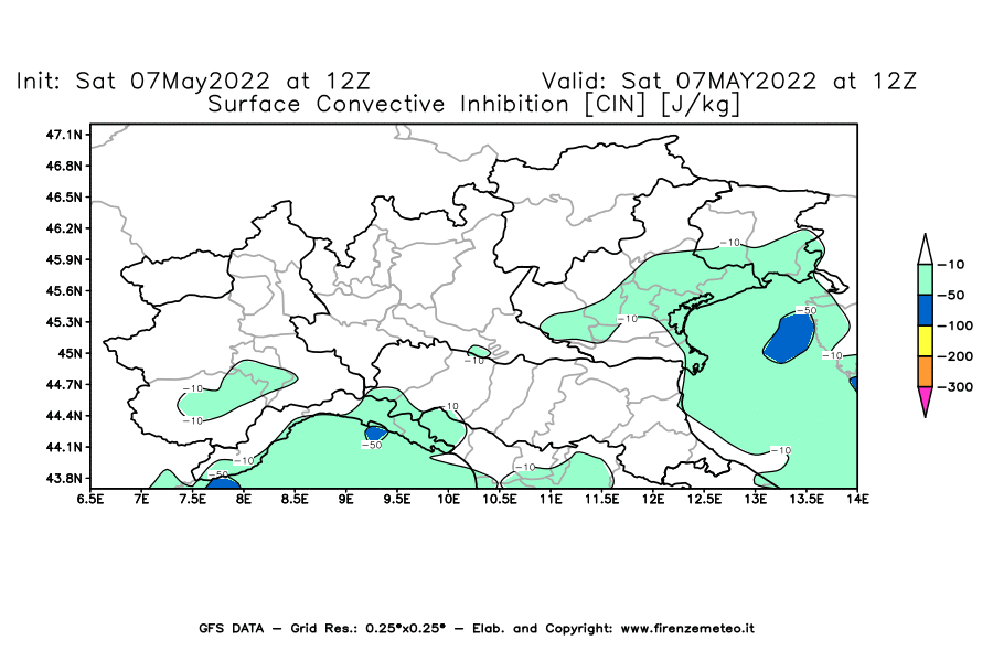 Mappa di analisi GFS - CIN [J/kg] in Nord-Italia
									del 07/05/2022 12 <!--googleoff: index-->UTC<!--googleon: index-->