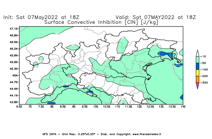 Mappa di analisi GFS - CIN [J/kg] in Nord-Italia
									del 07/05/2022 18 <!--googleoff: index-->UTC<!--googleon: index-->