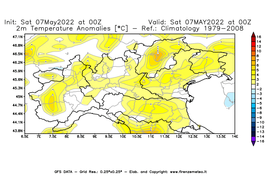 Mappa di analisi GFS - Anomalia Temperatura [°C] a 2 m in Nord-Italia
									del 07/05/2022 00 <!--googleoff: index-->UTC<!--googleon: index-->