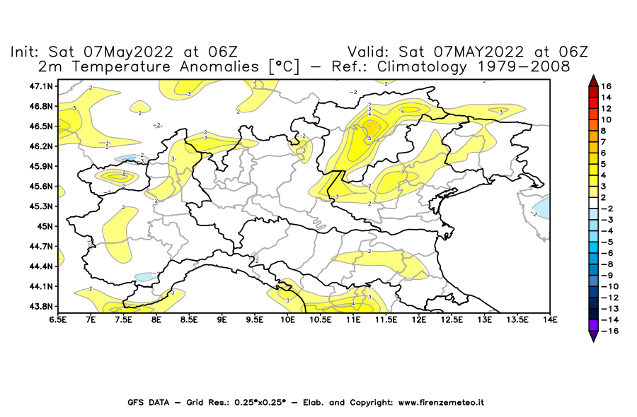 Mappa di analisi GFS - Anomalia Temperatura [°C] a 2 m in Nord-Italia
									del 07/05/2022 06 <!--googleoff: index-->UTC<!--googleon: index-->