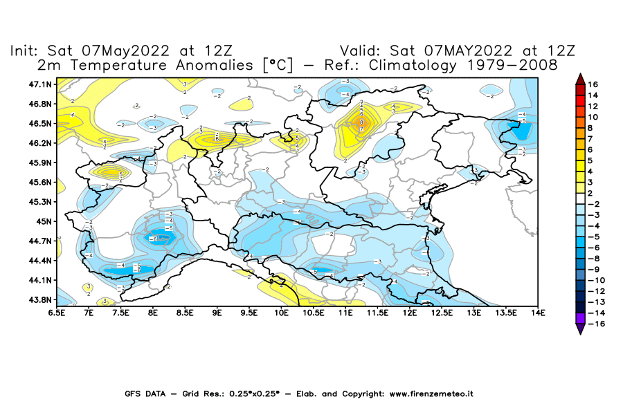 Mappa di analisi GFS - Anomalia Temperatura [°C] a 2 m in Nord-Italia
									del 07/05/2022 12 <!--googleoff: index-->UTC<!--googleon: index-->