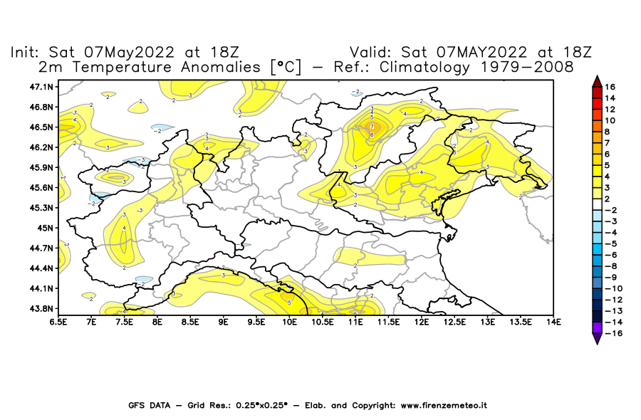 Mappa di analisi GFS - Anomalia Temperatura [°C] a 2 m in Nord-Italia
									del 07/05/2022 18 <!--googleoff: index-->UTC<!--googleon: index-->