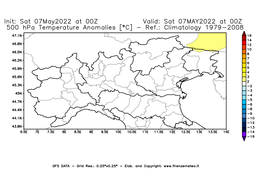 Mappa di analisi GFS - Anomalia Temperatura [°C] a 500 hPa in Nord-Italia
									del 07/05/2022 00 <!--googleoff: index-->UTC<!--googleon: index-->