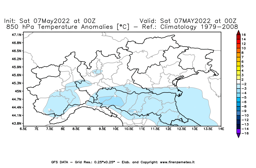 Mappa di analisi GFS - Anomalia Temperatura [°C] a 850 hPa in Nord-Italia
									del 07/05/2022 00 <!--googleoff: index-->UTC<!--googleon: index-->