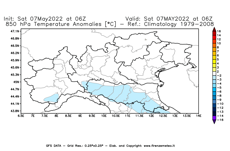 Mappa di analisi GFS - Anomalia Temperatura [°C] a 850 hPa in Nord-Italia
									del 07/05/2022 06 <!--googleoff: index-->UTC<!--googleon: index-->