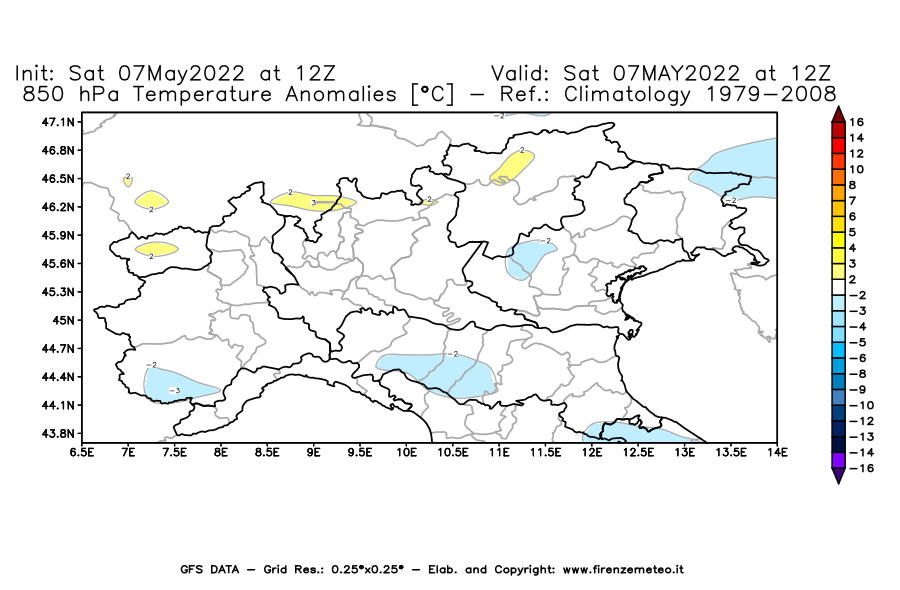 Mappa di analisi GFS - Anomalia Temperatura [°C] a 850 hPa in Nord-Italia
									del 07/05/2022 12 <!--googleoff: index-->UTC<!--googleon: index-->