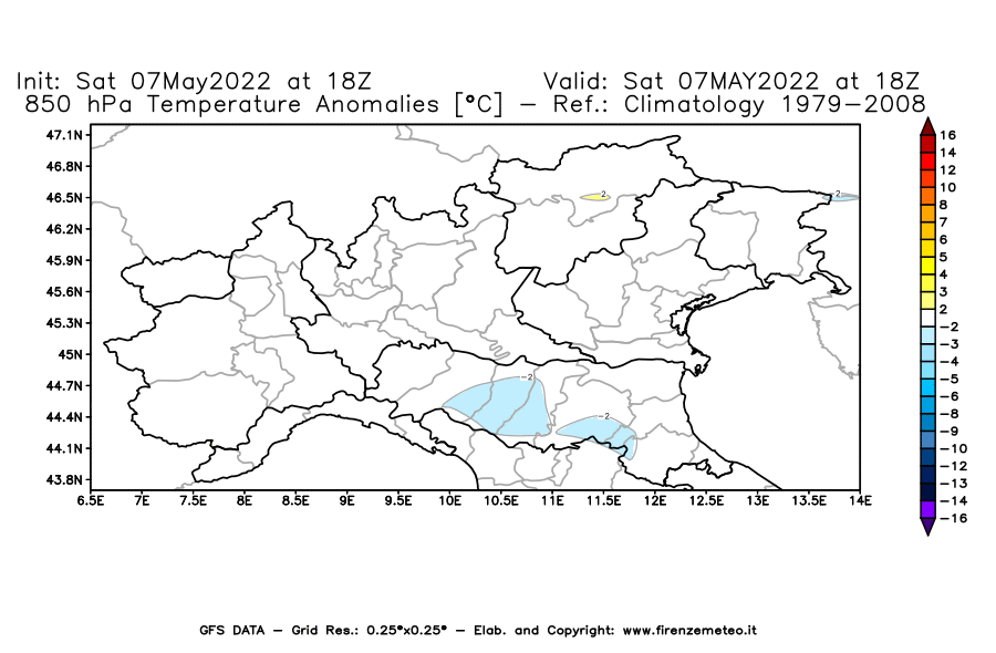 Mappa di analisi GFS - Anomalia Temperatura [°C] a 850 hPa in Nord-Italia
									del 07/05/2022 18 <!--googleoff: index-->UTC<!--googleon: index-->