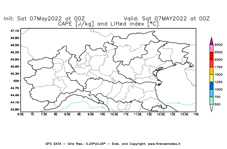 Mappa di analisi GFS - CAPE [J/kg] e Lifted Index [°C] in Nord-Italia
									del 07/05/2022 00 <!--googleoff: index-->UTC<!--googleon: index-->