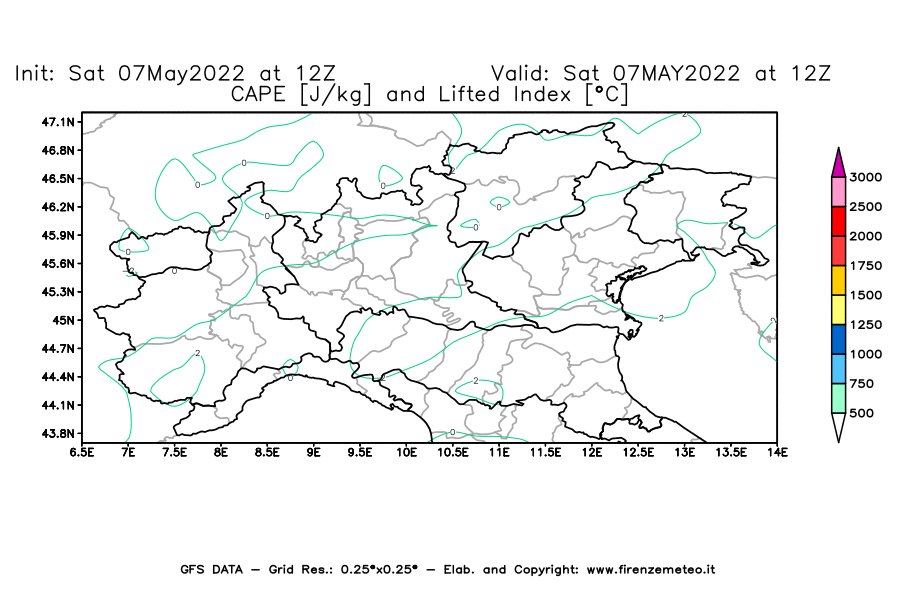 Mappa di analisi GFS - CAPE [J/kg] e Lifted Index [°C] in Nord-Italia
									del 07/05/2022 12 <!--googleoff: index-->UTC<!--googleon: index-->