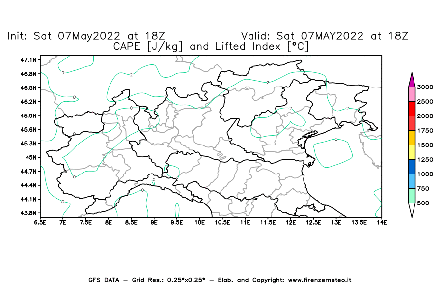 Mappa di analisi GFS - CAPE [J/kg] e Lifted Index [°C] in Nord-Italia
									del 07/05/2022 18 <!--googleoff: index-->UTC<!--googleon: index-->