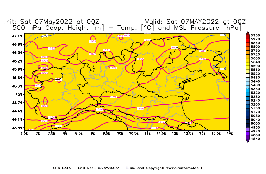Mappa di analisi GFS - Geopotenziale [m] + Temp. [°C] a 500 hPa + Press. a livello del mare [hPa] in Nord-Italia
									del 07/05/2022 00 <!--googleoff: index-->UTC<!--googleon: index-->