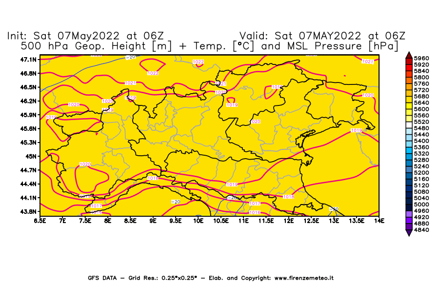 Mappa di analisi GFS - Geopotenziale [m] + Temp. [°C] a 500 hPa + Press. a livello del mare [hPa] in Nord-Italia
									del 07/05/2022 06 <!--googleoff: index-->UTC<!--googleon: index-->