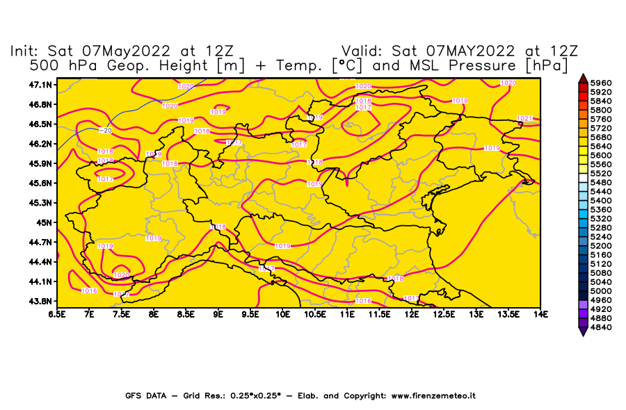 Mappa di analisi GFS - Geopotenziale [m] + Temp. [°C] a 500 hPa + Press. a livello del mare [hPa] in Nord-Italia
									del 07/05/2022 12 <!--googleoff: index-->UTC<!--googleon: index-->