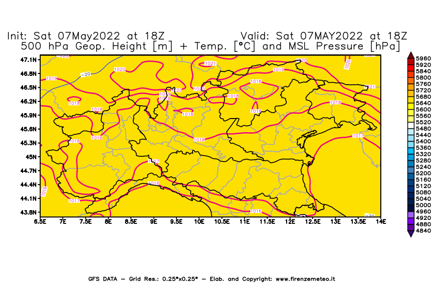 Mappa di analisi GFS - Geopotenziale [m] + Temp. [°C] a 500 hPa + Press. a livello del mare [hPa] in Nord-Italia
									del 07/05/2022 18 <!--googleoff: index-->UTC<!--googleon: index-->