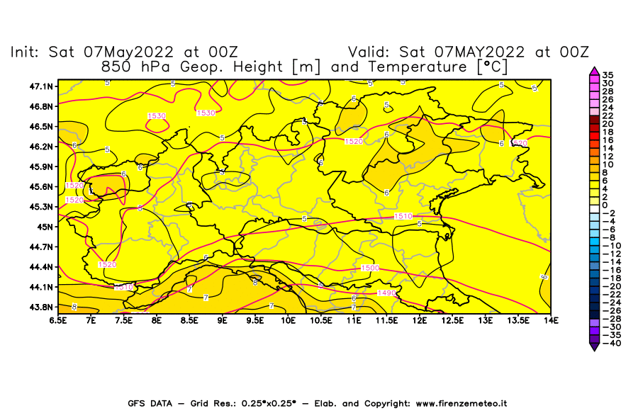 Mappa di analisi GFS - Geopotenziale [m] e Temperatura [°C] a 850 hPa in Nord-Italia
									del 07/05/2022 00 <!--googleoff: index-->UTC<!--googleon: index-->