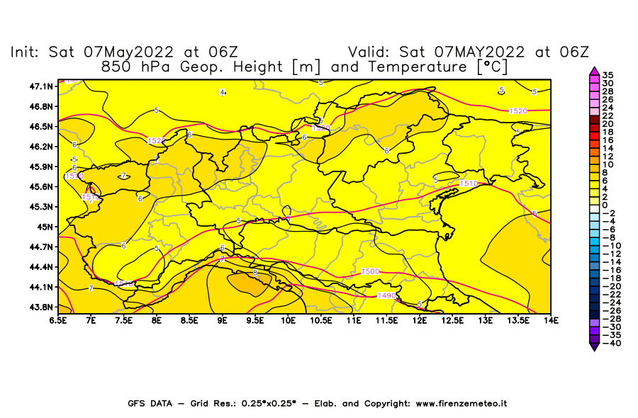 Mappa di analisi GFS - Geopotenziale [m] e Temperatura [°C] a 850 hPa in Nord-Italia
									del 07/05/2022 06 <!--googleoff: index-->UTC<!--googleon: index-->