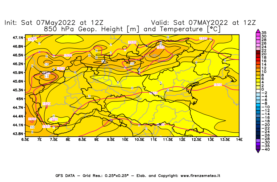 Mappa di analisi GFS - Geopotenziale [m] e Temperatura [°C] a 850 hPa in Nord-Italia
									del 07/05/2022 12 <!--googleoff: index-->UTC<!--googleon: index-->