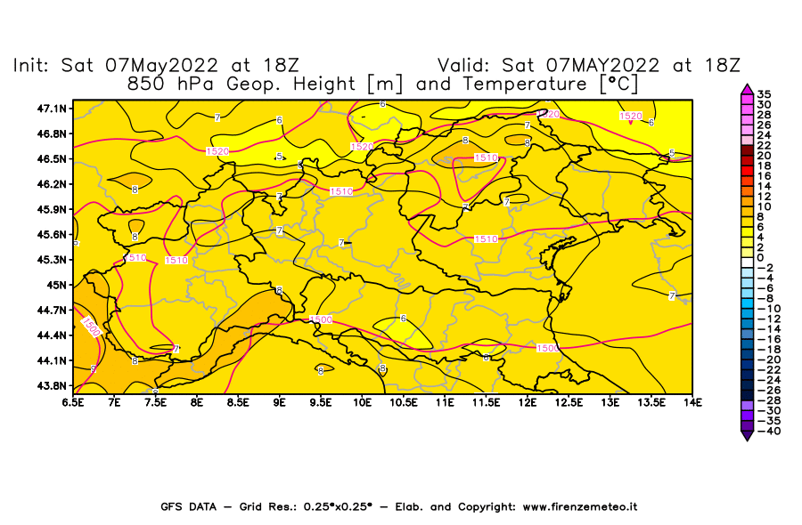 Mappa di analisi GFS - Geopotenziale [m] e Temperatura [°C] a 850 hPa in Nord-Italia
									del 07/05/2022 18 <!--googleoff: index-->UTC<!--googleon: index-->