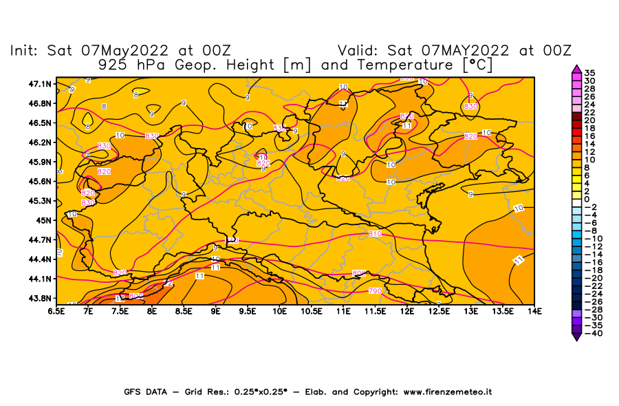 Mappa di analisi GFS - Geopotenziale [m] e Temperatura [°C] a 925 hPa in Nord-Italia
									del 07/05/2022 00 <!--googleoff: index-->UTC<!--googleon: index-->