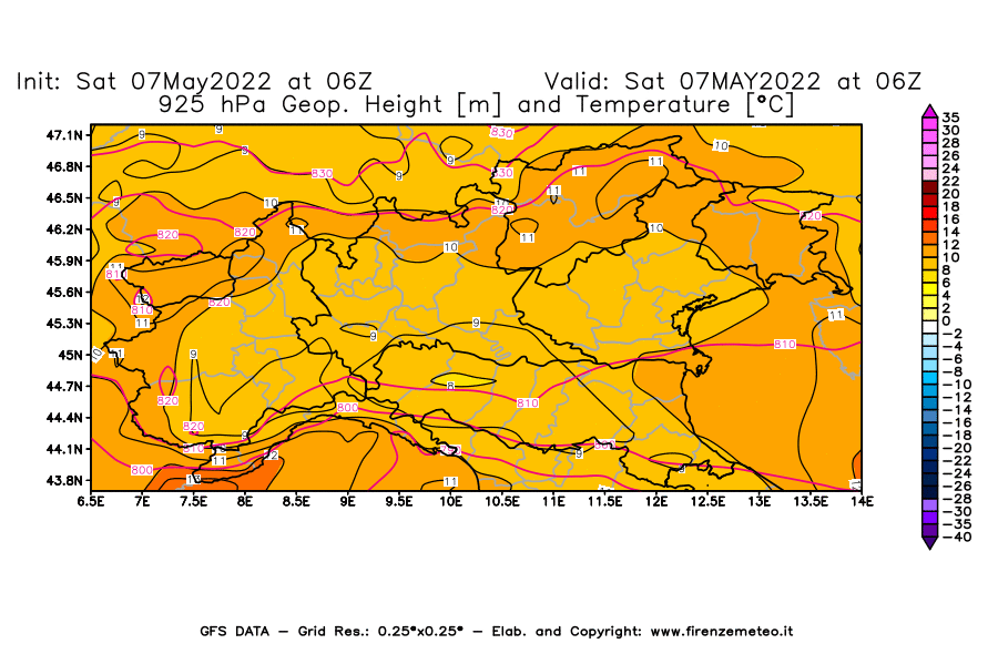 Mappa di analisi GFS - Geopotenziale [m] e Temperatura [°C] a 925 hPa in Nord-Italia
									del 07/05/2022 06 <!--googleoff: index-->UTC<!--googleon: index-->