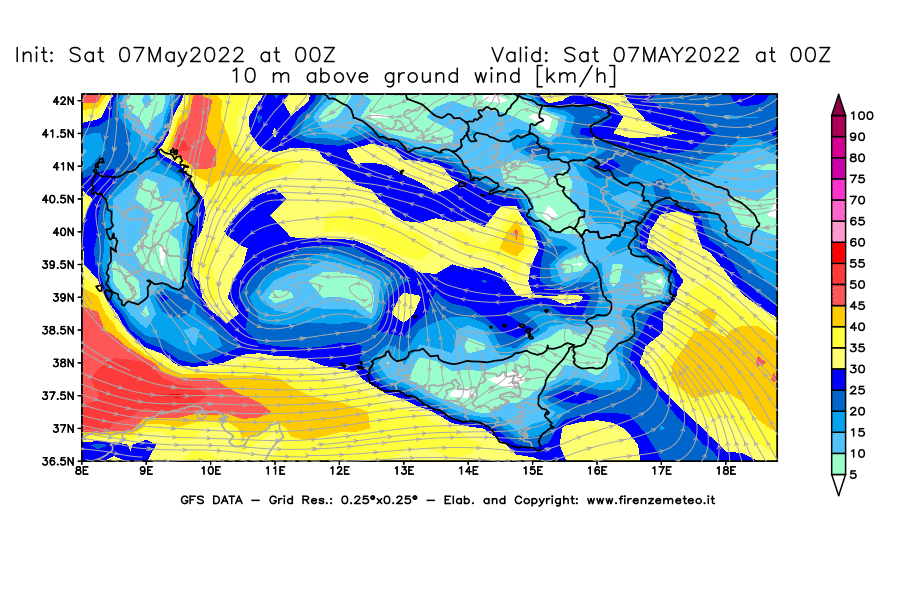 Mappa di analisi GFS - Velocità del vento a 10 metri dal suolo [km/h] in Sud-Italia
									del 07/05/2022 00 <!--googleoff: index-->UTC<!--googleon: index-->