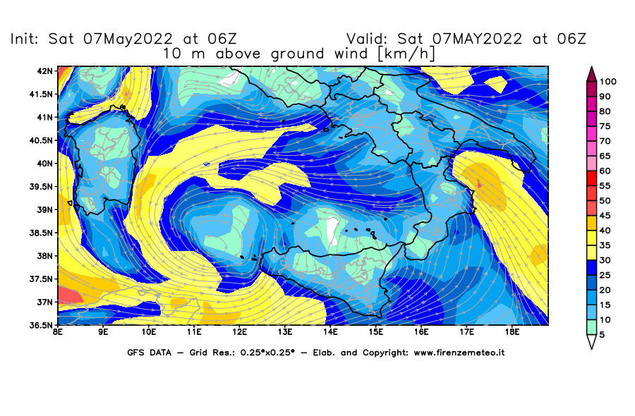 Mappa di analisi GFS - Velocità del vento a 10 metri dal suolo [km/h] in Sud-Italia
									del 07/05/2022 06 <!--googleoff: index-->UTC<!--googleon: index-->