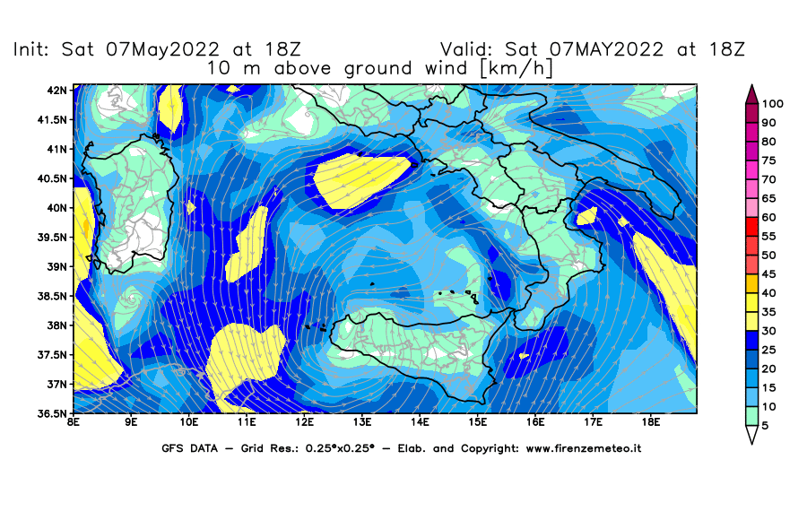 Mappa di analisi GFS - Velocità del vento a 10 metri dal suolo [km/h] in Sud-Italia
									del 07/05/2022 18 <!--googleoff: index-->UTC<!--googleon: index-->