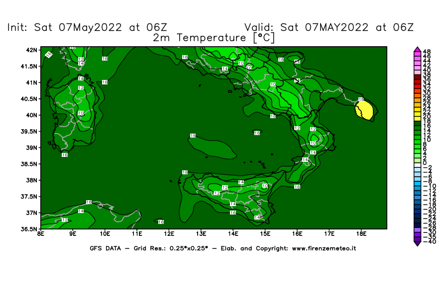 Mappa di analisi GFS - Temperatura a 2 metri dal suolo [°C] in Sud-Italia
									del 07/05/2022 06 <!--googleoff: index-->UTC<!--googleon: index-->