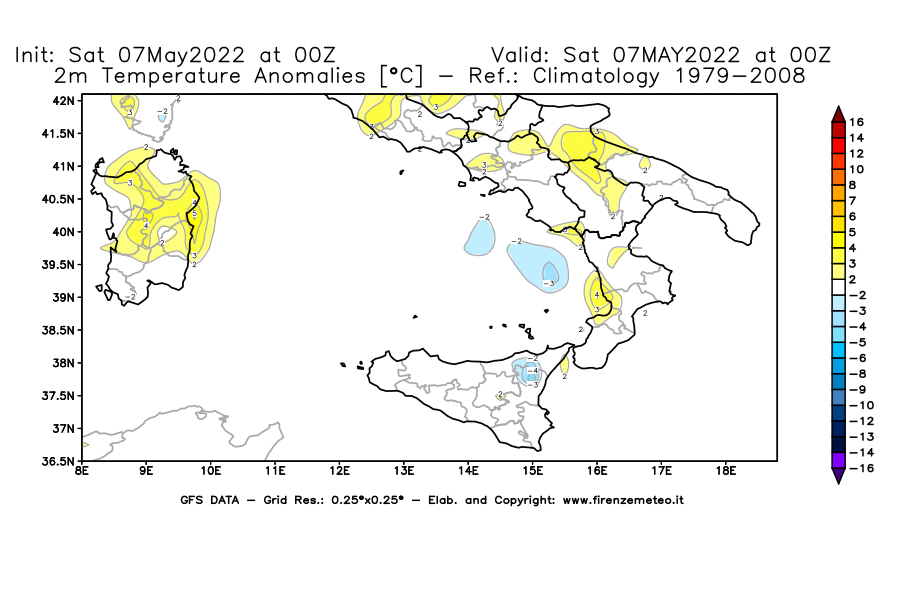 Mappa di analisi GFS - Anomalia Temperatura [°C] a 2 m in Sud-Italia
									del 07/05/2022 00 <!--googleoff: index-->UTC<!--googleon: index-->