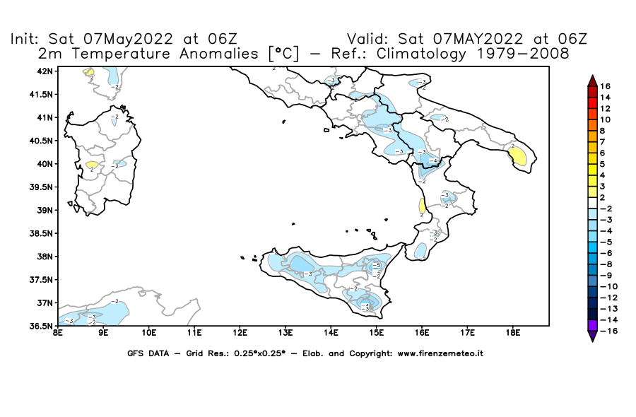 Mappa di analisi GFS - Anomalia Temperatura [°C] a 2 m in Sud-Italia
									del 07/05/2022 06 <!--googleoff: index-->UTC<!--googleon: index-->