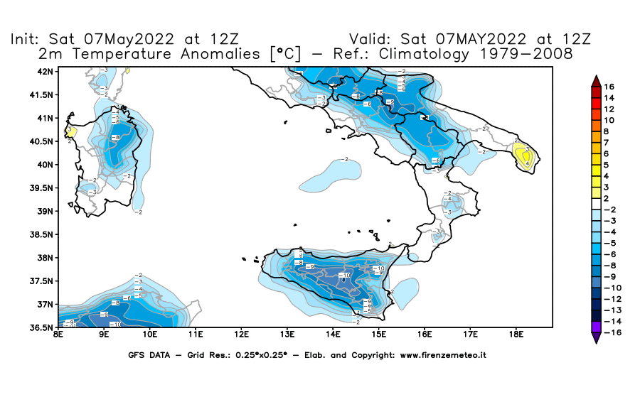 Mappa di analisi GFS - Anomalia Temperatura [°C] a 2 m in Sud-Italia
									del 07/05/2022 12 <!--googleoff: index-->UTC<!--googleon: index-->