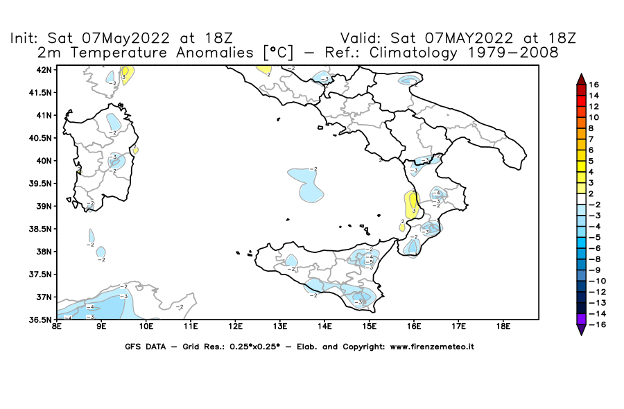 Mappa di analisi GFS - Anomalia Temperatura [°C] a 2 m in Sud-Italia
									del 07/05/2022 18 <!--googleoff: index-->UTC<!--googleon: index-->