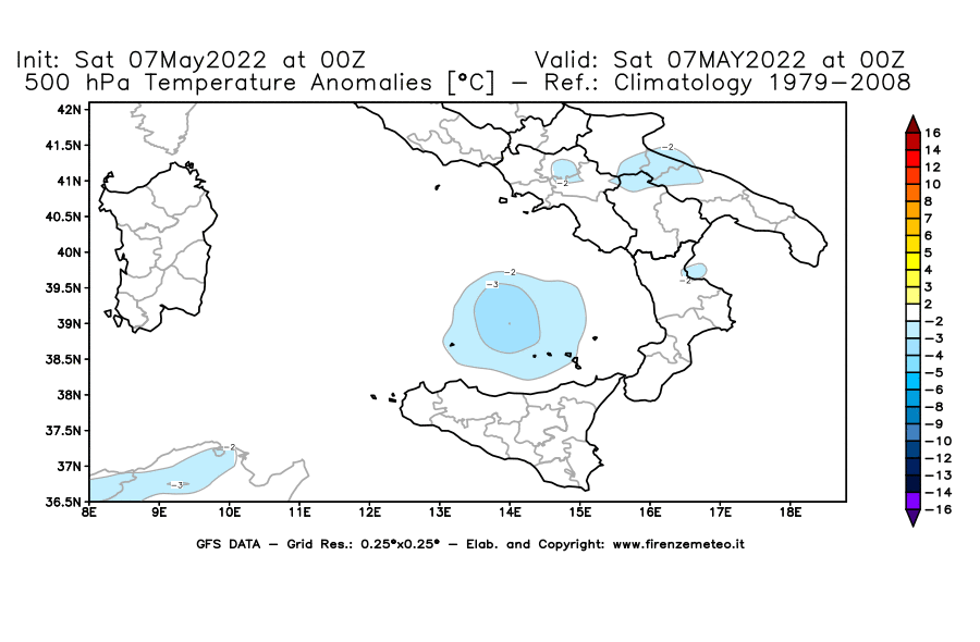 Mappa di analisi GFS - Anomalia Temperatura [°C] a 500 hPa in Sud-Italia
									del 07/05/2022 00 <!--googleoff: index-->UTC<!--googleon: index-->